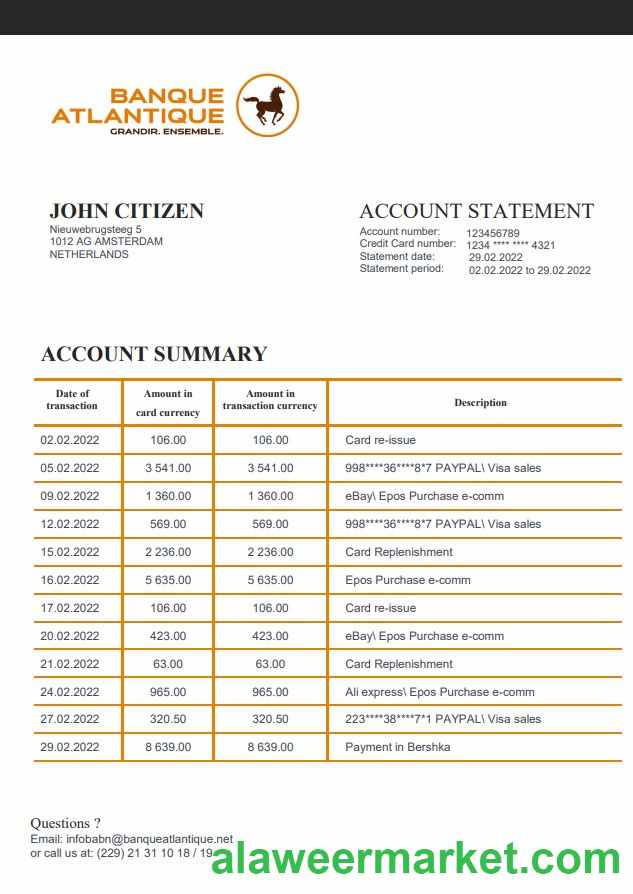 Benin Banque Atlantique bank statement